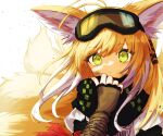  1girl animal_ear_fluff animal_ears antenna_hair arknights black_scarf blonde_hair brown_gloves commentary_request deyuaru fingerless_gloves fox_ears fox_girl fox_tail gloves goggles goggles_on_head green_eyes hair_tubes highres kitsune kyuubi long_hair looking_at_viewer multicolored_hair multiple_tails official_alternate_costume parted_lips scarf solo suzuran_(arknights) suzuran_(lostlands_flowering)_(arknights) tail two-tone_hair upper_body white_hair 