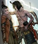  2boys armor as109 ashina_genichirou black_hair blush commentary_request grey_hair highres holding holding_sword holding_weapon japanese_armor japanese_clothes kabedon katana lightning male_focus multicolored_hair multiple_boys navel partial_commentary sekiro sekiro:_shadows_die_twice sheath sword toned toned_male topless_male translation_request two-tone_hair weapon yaoi 
