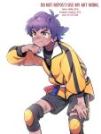  1boy aged_down black_shirt clenched_hand closed_mouth commentary dark-skinned_male dark_skin hand_up highres jacket knee_pads leon_(pokemon) male_focus master_dojo_uniform mongz pokemon pokemon_(game) pokemon_swsh purple_hair sash shirt short_hair shorts simple_background solo squatting sweat white_background yellow_jacket zipper_pull_tab 