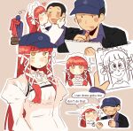  1boy 1girl baseball_cap black_hair chibi dress flat_chest gothic_lolita hair_ribbon hat highres hoshizora_lone iori_junpei kiss kissing_cheek lolita_fashion pencil persona persona_3 red_eyes red_hair ribbon sidelocks sketch sketchbook speech_bubble tongue tongue_out white_dress white_ribbon yoshino_chidori 