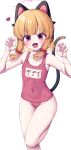  &gt;:) 1girl absurdres alternate_costume animal_ear_headphones animal_ears bare_arms bare_legs bare_shoulders blonde_hair blue_archive blush cat_ear_headphones cat_tail claw_pose collarbone commentary covered_navel fake_animal_ears foot_out_of_frame halo headphones heart highres looking_at_viewer metaljelly momoi_(blue_archive) name_tag one-piece_swimsuit open_mouth red_eyes red_one-piece_swimsuit short_hair simple_background smile solo sparkling_eyes standing standing_on_one_leg swimsuit symbol-only_commentary tail tareme thighs v-shaped_eyebrows wet white_background 