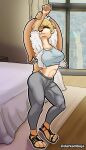  absurd_res anthro blonde_hair casual_clothing clothed clothing darkadibuja female fur hair hi_res lagomorph mammal orange_body orange_fur solo 