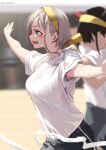  3girls blue_eyes blurry blurry_background breasts commentary_request fang grey_hair hairband jonsun medium_breasts multiple_girls open_mouth original outstretched_arms riku_(jonsun) running shirt short_hair short_sleeves sidelocks skin_fang solo_focus twitter_username white_shirt yellow_hairband 
