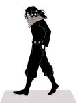  1boy belt boku_no_hero_academia chococat closed_mouth eraser_head_(boku_no_hero_academia) facial_hair facing_ahead from_side full_body hand_in_pocket jumpsuit long_hair male_focus messy_hair monochrome mustache rnuyvm scarf walking 
