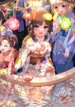  blonde_hair blue_eyes blue_kimono blush bow brown_hair closed_eyes collarbone commentary_request evening fish floral_print_kimono glowstick goldfish_scooping grey_eyes hair_bow happi highres holding japanese_clothes kimono kneeling long_hair multiple_girls open_mouth original outdoors poi_(goldfish_scoop) print_kimono red_kimono sakatsuki_yakumo shirt sidelocks smile standing summer summer_festival white_kimono white_shirt wide_sleeves yukata 