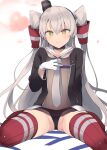  1girl amatsukaze_(kancolle) amatsukaze_kai_ni_(kancolle) black_dress black_panties blush dress gloves grey_neckerchief hair_between_eyes hair_tubes heart kantai_collection long_hair looking_at_viewer neckerchief orange_eyes panties sailor_collar sailor_dress shin_(new) simple_background sitting smile smoke solo striped thighhighs two_side_up underwear very_long_hair white_background white_gloves white_sailor_collar 