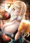  1girl ;q absurdres barmaid beer_mug black_dress blonde_hair blue_ribbon blurry blurry_background bread breasts choker cleavage collarbone cup dirndl dress food frilled_dress frills froth german_clothes highres large_breasts long_hair mug one_eye_closed original red_eyes ribbon shaddoll_fusion solo sweat tongue tongue_out 