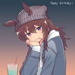  1girl aimai_(luckyfive) animal_ears beanie black_background blue_jacket brown_background closed_mouth cup drawstring drinking_glass drinking_straw ears_through_headwear gradient_background grey_headwear hand_up happy_birthday hat highres hood hood_down hoodie horse_ears jacket long_hair looking_at_viewer mouth_hold nakayama_festa_(umamusume) open_clothes open_jacket purple_eyes smile solo umamusume upper_body white_hoodie 