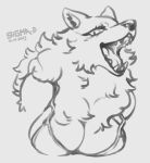  2023 anthro artist_name big_breasts breasts bust_portrait canid canine canis clothed clothing dated digital_drawing_(artwork) digital_media_(artwork) eyelashes fangs female female_anthro fluffy fur fur_tuft grey_text greyscale hi_res inner_ear_fluff iris looking_at_viewer mammal monochrome neck_tuft open_mouth open_smile portrait prick_ears pupils shirt sigma-d skimpy smile smiling_at_viewer snout solo tank_top teeth tongue topwear tuft wolf 