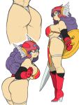  1girl absurdres armor ass bikini_armor boots breasts gloves helmet high_heel_boots high_heels highres large_breasts multiple_views pauldrons purple_hair red_armor red_footwear red_gloves shoulder_armor simple_background smile sword thighlet toned toshinoshin weapon white_background winged_helmet 