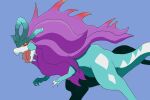  2_tails ambiguous_gender blue_body claws feral fur mane multi_tail nintendo nushi paradox_pokemon pokemon pokemon_(species) purple_mane red_eyes solo tail walking_wake 