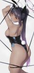  1girl animal_ears ass bare_legs black_hair black_leotard blue_archive bound bound_arms bound_wrists breasts commentary dark-skinned_female dark_skin detached_collar fake_animal_ears fake_tail gloves halo highres houkago_shounen karin_(blue_archive) karin_(bunny)_(blue_archive) large_breasts leotard long_hair looking_at_viewer medium_breasts official_alternate_costume parted_lips playboy_bunny rabbit_ears rabbit_tail restrained strapless strapless_leotard symbol-only_commentary tail tan thick_thighs thighs white_background white_gloves yellow_eyes 