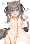  1girl 1other ? @_@ ahoge animal_collar animal_ears aqua_eyes armpit_crease bar_censor bare_shoulders belt_collar black_choker black_footwear black_ribbon blush breasts brown_hair cat_ears cat_girl cat_tail censored choker collar commentary earrings erubusubori fang flower_earrings hair_ribbon highres hololive jewelry kemonomimi_mode leash medium_hair natsuiro_matsuri nipples nude open_mouth paw_pose pet_play pov pov_hands ribbon simple_background sitting skin_fang small_breasts solo_focus tail tearing_up twintails viewer_holding_leash virtual_youtuber wariza wavy_hair white_background yellow_collar 