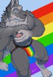  2023 abs absurd_res anthro barazoku barefoot bedroom_eyes biceps big_bulge big_muscles big_pecs blizzard_entertainment blue_background bulge canid canine canis claws clothed clothing digitigrade eyebrows feet fur hand_on_chest hand_on_pecs hi_res high-angle_view jockstrap jockstrap_only khayen lgbt_history_month lgbt_pride looking_at_viewer male mammal muscular muscular_anthro muscular_male narrowed_eyes navel nipples pec_grab pecs pride_color_clothing pride_color_jockstrap pride_color_underwear pride_colors rainbow_pride_colors seductive signature simple_background smile solo standing teeth thick_thighs topless topless_anthro topless_male tuft underwear underwear_only warcraft were werecanid werecanine werewolf wolf worgen 
