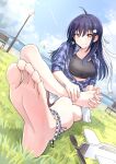  1girl ahoge anklet barefoot between_toes black_sports_bra blue_hair blue_sky brown_eyes closed_mouth cloud cloudy_sky collarbone commentary commission dutch_angle feet foot_focus foreshortening grass greek_toe hair_ornament hair_ribbon hands_on_own_feet highres honshiro_nikori impossible_clothes jewelry looking_at_viewer on_ground open_clothes open_shirt original outdoors pleated_skirt ribbon shirt sidelocks sitting skeb_commission skirt sky smile soles solo sports_bra spread_toes tied_shirt toenails toes white_ribbon white_skirt 