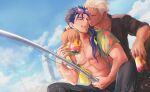  2boys abs archer_(fate) black_pants black_shirt blue_sky can cloud collarbone couple cu_chulainn_(fate) earrings english_commentary fate/grand_order fate_(series) fishing fishing_rod gravesecrets hawaiian_shirt highres holding holding_can holding_fishing_rod jewelry long_hair looking_at_another male_focus mature_male multiple_boys one_eye_closed open_clothes open_mouth open_shirt pants pectorals ponytail purple_hair red_eyes sharp_teeth shirt sky soda_can teeth water_drop white_hair yaoi 