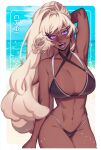  1girl abs absurdres arm_behind_head bikini breasts chai_(maplekeurig) character_name commentary cowboy_shot dark-skinned_female dark_skin earrings english_commentary highres jewelry large_breasts looking_at_viewer maplekeurig mole mole_under_mouth navel open_mouth original ponytail purple_eyes solo swimsuit teeth toned tongue 