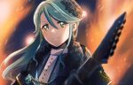  1girl aqua_hair bang_dream! blue_jacket blurry blurry_background earrings green_eyes highres hikawa_sayo holding_guitar idol_clothes jacket jewelry long_hair looking_at_viewer portrait signature smile xin_(blueramen) 