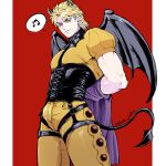  1boy arms_behind_back black_corset blonde_hair closed_mouth commentary_request corset demon_horns demon_tail demon_wings dio_brando ear_birthmark grm_jogio horns jojo_no_kimyou_na_bouken looking_at_viewer male_focus medium_hair muscular musical_note phantom_blood purple_scarf scarf smile solo spoken_musical_note tail wings 