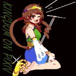  1girl barefoot blue_dress blush_stickers brown_hair circlet detached_sleeves dress green_dress highres kingdom_(user_ysav4824) laughing long_hair low_twintails monkey_tail multicolored_clothes multicolored_dress one_eye_closed open_mouth pixel_art red_eyes ruyi_jingu_bang single_detached_sleeve solo son_biten tail test_tube tickling touhou twintails white_sleeves yellow_dress 