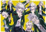  1boy absurdres black_jacket chain character_name collar collarbone danganronpa_(series) danganronpa_2:_goodbye_despair danganronpa_another_episode:_ultra_despair_girls grey_hair gun hair_between_eyes highres hood hood_down index_finger_raised jacket komaeda_nagito kusatakesi long_sleeves looking_at_viewer male_focus medium_hair messy_hair metal_collar multiple_views open_clothes open_jacket open_mouth pants servant_(danganronpa) shirt smile striped striped_shirt teeth upper_body weapon white_shirt 