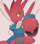  blurry chirosamu closed_mouth depth_of_field frown highres jacket looking_down mixed-language_commentary no_humans pokemon pokemon_(creature) pokemon_(game) pokemon_unite scarf scizor solo sparkle spikes yellow_eyes 