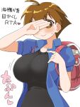  1girl ahoge back black_shirt blue_shirt blush breasts brown_eyes brown_hair commentary_request covering_own_eyes highres huge_breasts naitou_kouse puffy_short_sleeves puffy_sleeves shirt short_hair short_sleeves solo sweatdrop translation_request umihara_kawase umihara_kawase_(character) underwear 
