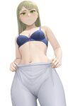  1girl absurdres ano_(gccx8784) bangs blonde_hair blue_bra bra breasts cleavage cowboy_shot green_eyes grey_pants highres long_hair looking_at_viewer medium_breasts navel no_shirt original pants parted_lips simple_background solo standing stomach underwear white_background 