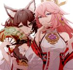  2girls animal_ears bare_shoulders breasts brown_hair chinese_clothes chinese_text cleavage closed_mouth company_name detached_sleeves english_text fox_ears fox_girl genshin_impact green_eyes hand_fan hand_on_own_arm holding holding_fan honkai:_star_rail honkai_(series) japanese_clothes jewelry large_breasts long_hair looking_at_viewer miko multiple_girls pink_hair pokira purple_eyes simple_background tingyun_(honkai:_star_rail) twitter_username upper_body vision_(genshin_impact) white_background yae_miko 
