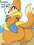  &lt;3 2015 anthro beach big_breasts big_butt biped black_nose bottomless bra breasts butt clothed clothing english_text feet female fingers floatzel fur generation_4_pokemon hi_res huge_butt looking_at_viewer maddeku nintendo orange_body orange_fur outside pokemon pokemon_(species) question_mark seaside solo standing teeth text toes underwear 