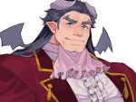  1boy bara bat_wings cleft_chin closed_mouth commentary demon_boy demon_horns frilled_shirt frills green_eyes hair_slicked_back highres horns jabot jacket lapels long_hair looking_at_viewer lucifuge_(housamo) male_focus muscular muscular_male peaked_lapels pointy_ears purple_hair red_jacket shiratori_yokikana shirt simple_background smile solo thick_eyebrows tokyo_afterschool_summoners upper_body white_background wings 