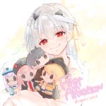  1girl anis_(nikke) bandaged_head bandages character_doll closed_mouth commander_(nikke) counters_(nikke) goddess_of_victory:_nikke grey_hair hair_ribbon light_blush long_hair modernia_(first_affection)_(nikke) modernia_(nikke) neon_(nikke) noharu off_shoulder official_alternate_costume rapi_(nikke) red_eyes ribbon shirt sidelocks smile solo twitter_username white_shirt yellow_ribbon 