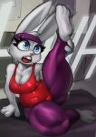  accessory anthro blue_eyes bodily_fluids breasts bunny_(zoobe) cleavage clothed clothing eyelashes feet female fingers fur gym_clothing headband hi_res lagomorph leporid mammal open_mouth rabbit slightly_chubby solo stretching sweat thick_thighs toes wabutt white_body white_fur zoobe 