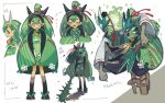  1boy 1girl green_hair hair_ornament highres holding holding_weapon horns medium_hair ogerpon ogerpon_(teal_mask) ototoi_(eevees813) personification pokemon pokemon_sv translation_request weapon wood yellow_eyes 