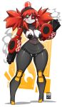  1girl android bayeuxman breasts fangs full_body highres joints mecha_musume mimi-sentry paid_reward_available red_hair robot_joints skirt smoke solo standing team_fortress_2 twintails 