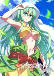  1girl arm_up armpits bare_arms bare_shoulders blue_eyes blush breasts closed_mouth commentary_request commission cowboy_shot eyes_visible_through_hair green_hair hair_between_eyes head_scarf himetsuru_ichimonji_(tenka_hyakken) holding jpeg_artifacts long_hair looking_at_viewer medium_breasts motion_blur navel orange_sash petals revealing_clothes sash sazanami_mio scarf sidelocks signature skeb_commission smile solo stomach tenka_hyakken thank_you very_long_hair white_scarf wind 