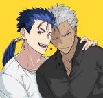  2boys archer_(fate) black_shirt blue_hair collarbone cu_chulainn_(fate) cu_chulainn_(fate/stay_night) earrings fangs fate/stay_night fate_(series) fingernails grey_eyes grey_hair hand_on_another&#039;s_shoulder happy heart highres hourinoki jewelry long_hair looking_at_viewer male_focus mature_male multiple_boys one_eye_closed open_mouth ponytail red_eyes shirt simple_background smile sweatdrop teeth white_shirt yaoi yellow_background 