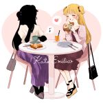  2girls :t bag black_hair blonde_hair bow brown_bow brown_dress cardigan casual chair character_name closed_eyes coffee cup dating dress eating emilico_(shadows_house) food food_on_face fried_egg fried_egg_on_toast full_body hair_bow hand_up handbag hands_up head_rest heart heart_background high_heels highres holding holding_cup holding_food jewelry knife long_hair multiple_girls musical_note necklace okayuume10 plate platform_footwear puffy_short_sleeves puffy_sleeves purple_bow purple_skirt saucer shadows_house short_sleeves sitting skirt spoken_heart spoken_musical_note table two_side_up v-neck white_background 