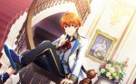  1boy ahoge aoi_yusuke flower hair_between_eyes highres idolmaster idolmaster_side-m idolmaster_side-m_live_on_stage! index_finger_raised long_sleeves male_focus official_art orange_eyes orange_hair pants picture_frame railing shoes sneakers stairs 