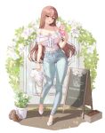  1girl absurdres bare_shoulders bra_strap breasts brown_eyes brown_hair cleavage collarbone commentary_request cup denim disposable_cup drinking_straw flower flower_pot full_body hand_up highres holding holding_cup jeans large_breasts long_hair off-shoulder_shirt off_shoulder original pants renberry shirt shoes short_sleeves solo standing thighs very_long_hair watch white_flower white_footwear white_shirt wristwatch 