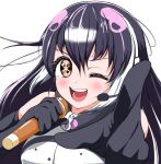  +_+ 1girl african_penguin_(kemono_friends) bare_shoulders black_hair elbow_gloves gloves hood hoodie kemono_friends kemono_friends_v_project long_hair looking_at_viewer microphone music one_eye_closed oshi_no_ko parody penguin_girl purple_hair simple_background singing solo universe_hululu virtual_youtuber zipper 