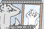  anthro black_eyes blush boy_kisser_(meme) domestic_cat fangs felid feline felis fur kaycraftytrus male mammal meme mirror russian_text scared silly_cat_(mauzymice) simple_background simple_eyes solo surprised_expression surprised_face tail teeth text white_body white_ears white_fur white_tail 