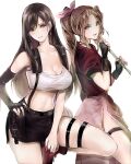  2girls absurdres aerith_gainsborough bangs bare_shoulders black_gloves black_hair black_skirt boots breasts brown_hair cleavage cowboy_shot crop_top cropped_jacket dress earrings elbow_gloves final_fantasy final_fantasy_vii final_fantasy_vii_remake fingerless_gloves gloves green_eyes hair_ribbon hand_on_hip highres holding jacket jewelry knee_up large_breasts long_hair looking_at_viewer midriff multiple_girls navel parted_bangs pink_dress pink_ribbon ponytail red_eyes red_footwear red_jacket ribbon shoji_sakura simple_background single_earring single_glove skirt small_breasts smile suspender_skirt suspenders swept_bangs tank_top thigh_strap thighs tifa_lockhart white_background white_tank_top 