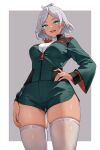  1girl absurdres ahoge asticassia_school_uniform dark-skinned_female dark_skin from_below green_eyes green_jacket green_shorts grey_background grey_hair gundam gundam_suisei_no_majo hand_on_own_hip highres jacket open_mouth partially_unzipped school_uniform secelia_dote short_hair shorts smile solo teeth thighhighs thighs upper_teeth_only white_thighhighs wreath_(lit) 