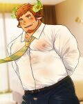  1boy animal_ears arms_behind_back bara belt blush brown_hair collared_shirt covered_nipples cow_boy cow_ears cow_horns daisukebear denim diagonal-striped_necktie dutch_angle eye_black fiery_horns forked_eyebrows glowing_horns highres horns indoors jeans large_pectorals long_sideburns looking_ahead male_focus muscular muscular_male necktie necktie_grab neckwear_grab nervous_smile official_alternate_costume paid_reward_available pants pectorals plump see-through shirt shirt_tucked_in short_hair sideburns sideburns_stubble smile solo spiked_hair sweatdrop thick_eyebrows tokyo_afterschool_summoners wakan_tanka wet wet_clothes wet_shirt white_shirt yellow_necktie 
