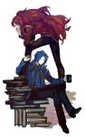  1boy 1girl ascot black_footwear black_pants blue_ascot blue_coat blue_hair book book_stack chesed_(project_moon) coat cup gebura_(project_moon) high_ponytail highres holding holding_cup library_of_ruina long_hair long_sleeves low_ponytail mug nishikujic pants project_moon red_coat red_hair shoes simple_background sitting sitting_on_book very_long_hair white_background yellow_eyes 