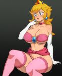  1girl absurdres bare_shoulders bikini black_background blonde_hair blue_eyes breasts choker cleavage collarbone cowboy_shot crown earrings elbow_gloves flowers-imh gloves gradient_background highres jewelry large_breasts lips mario_(series) navel open_mouth pink_bikini pink_thighhighs princess_peach simple_background sitting solo swimsuit thighhighs white_gloves 