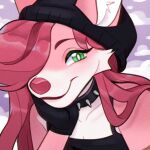  anthro beanie breasts bubblegum_fasani canid canine charmsey cleavage clothed clothing cloud collar female fur gloves green_eyes hair hair_over_eye handwear hat headgear headwear mammal one_eye_obstructed pink_body pink_fur pink_hair pink_nose smile solo space_station_13 spiked_collar spikes 