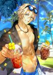  1boy bare_pectorals black_shirt blonde_hair blue_eyes blue_swim_trunks drink eyewear_on_head fate/grand_order fate_(series) gawain_(fate) holding holding_drink jewelry necklace nipples official_alternate_costume official_art open_clothes open_shirt pectorals shirt tropical_drink wada_arco 