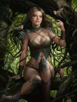 1girl bird breasts choker cleavage copyright_name crop_top green_eyes highres jord_(valhalla_lost) long_hair nature outdoors pink_lips plant revealing_clothes signature sitting solo valhalla_lost vines watermark wristband yinyuming 
